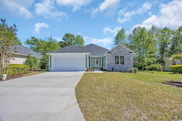 2515 Saint Andrews Dr, Little River, SC 29566 - ranch-style house featuring an attached garage, driveway, a front yard, stone siding, and a shingled roof