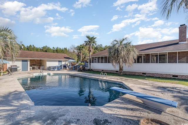 1692 S Morgan Ave, Andrews, SC 29510 - swimming pool featuring a sunroom, area for grilling, a diving board, and a patio