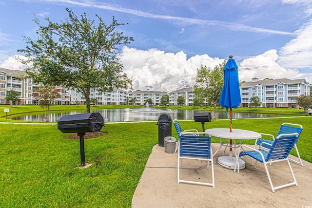 view of community featuring a water view and a lawn