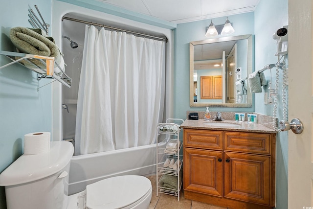 full bathroom featuring tile patterned floors, vanity, toilet, and shower / bathtub combination with curtain