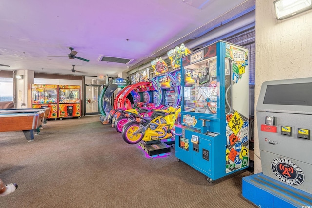 rec room with carpet, ceiling fan, and pool table