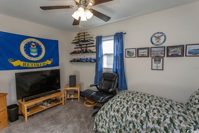 carpeted bedroom featuring ceiling fan