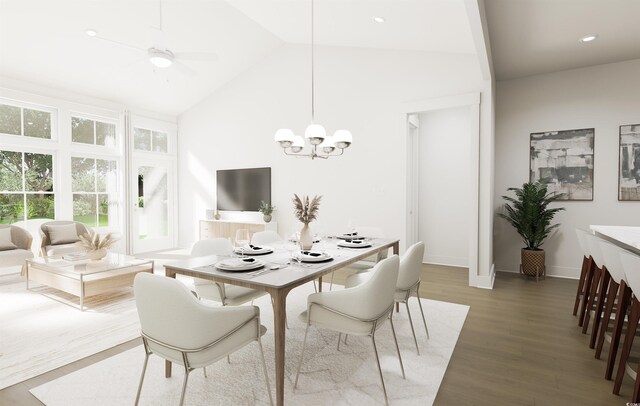 dining area with a notable chandelier, high vaulted ceiling, and dark hardwood / wood-style flooring