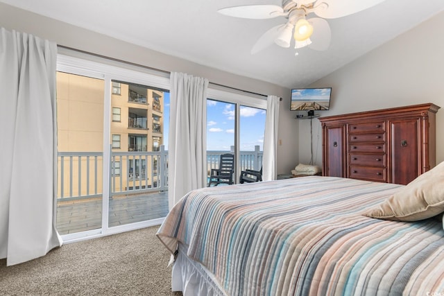 bedroom featuring access to outside, ceiling fan, light colored carpet, and vaulted ceiling