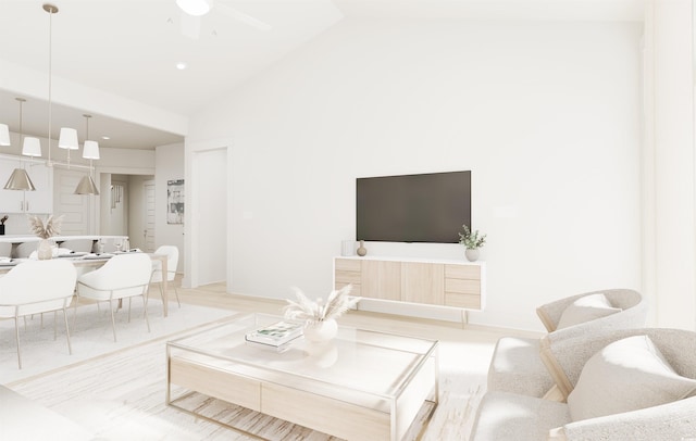 living room with ceiling fan and high vaulted ceiling