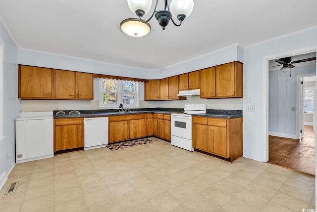 kitchen with light wood-type flooring, white appliances, ceiling fan, crown molding, and sink