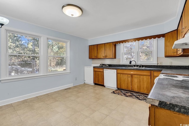 kitchen featuring plenty of natural light, white appliances, sink, and ornamental molding