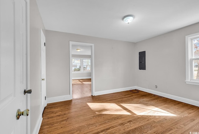 spare room featuring wood-type flooring and electric panel