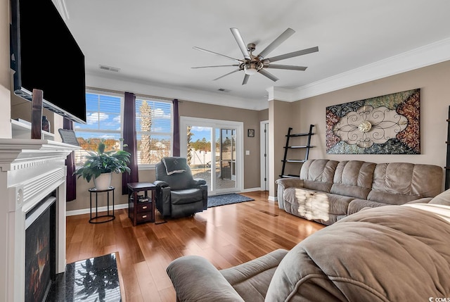 living room featuring ceiling fan, wood-type flooring, and ornamental molding