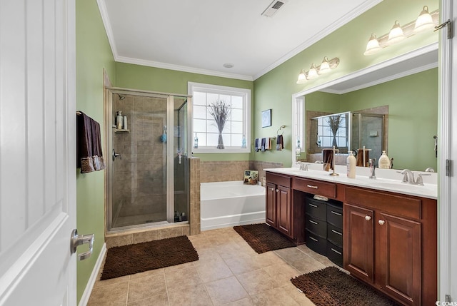 bathroom with tile patterned flooring, vanity, ornamental molding, and shower with separate bathtub