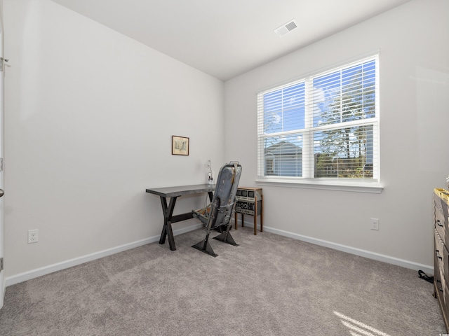 office area featuring light colored carpet