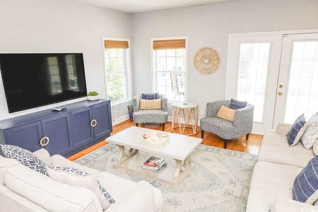 living room featuring french doors and hardwood / wood-style flooring