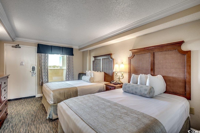 bedroom featuring a textured ceiling and crown molding