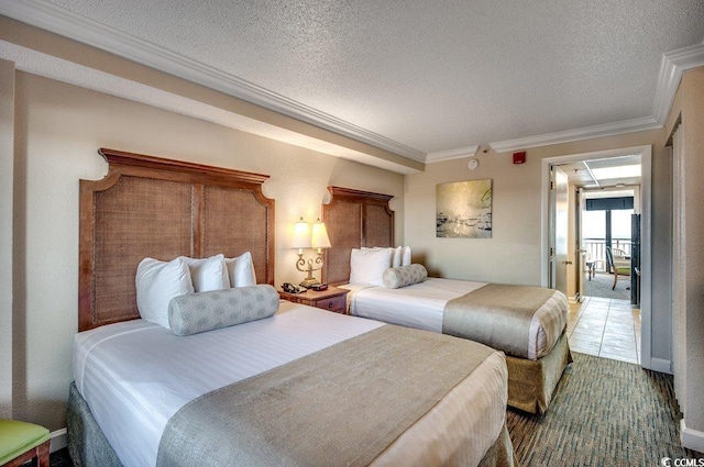 bedroom featuring a textured ceiling and crown molding