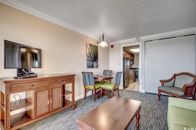 living room featuring light colored carpet, ornamental molding, and a textured ceiling