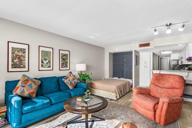 living room featuring sink, a textured ceiling, and light hardwood / wood-style floors