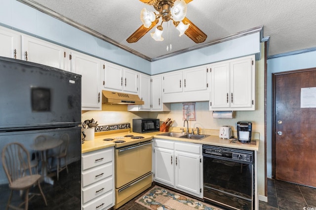 kitchen featuring black appliances, white cabinets, sink, ornamental molding, and a textured ceiling