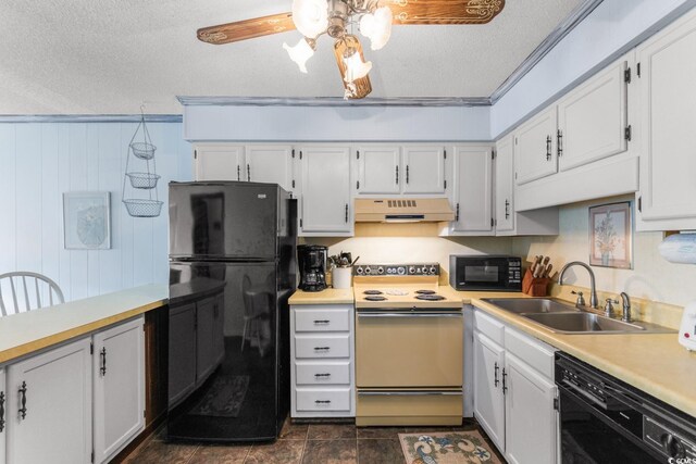 kitchen featuring white cabinetry, sink, black appliances, and a textured ceiling