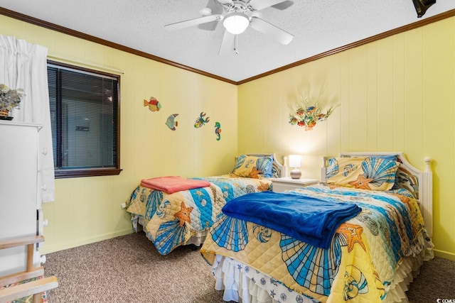 carpeted bedroom with a textured ceiling, ceiling fan, and ornamental molding