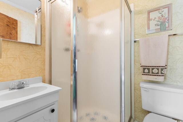 bathroom featuring vanity, an enclosed shower, and toilet