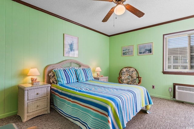 bedroom featuring ceiling fan, crown molding, and carpet floors