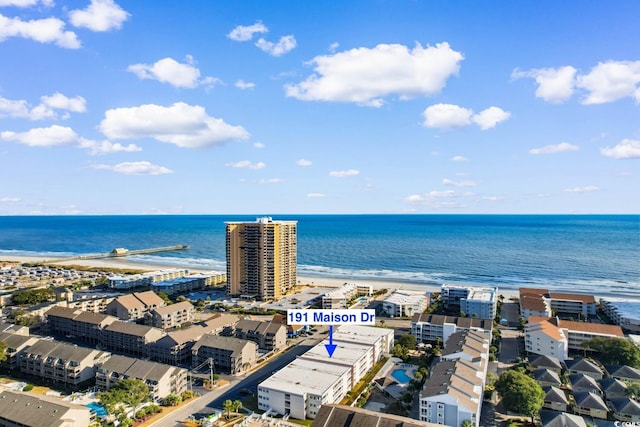 bird's eye view with a water view and a view of the beach