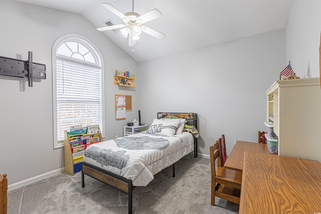 bedroom featuring vaulted ceiling, carpet floors, a ceiling fan, and baseboards