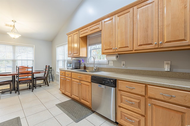 kitchen with light tile patterned floors, a toaster, a sink, vaulted ceiling, and dishwasher