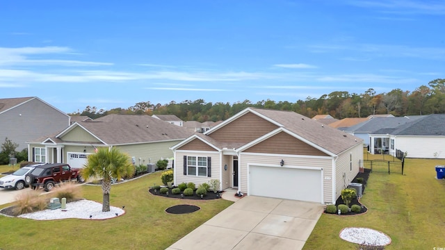 ranch-style home with a front lawn, central AC unit, and a garage