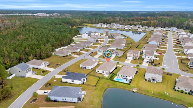 drone / aerial view featuring a water view