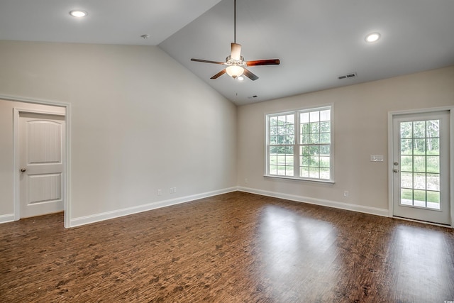 spare room featuring high vaulted ceiling and ceiling fan