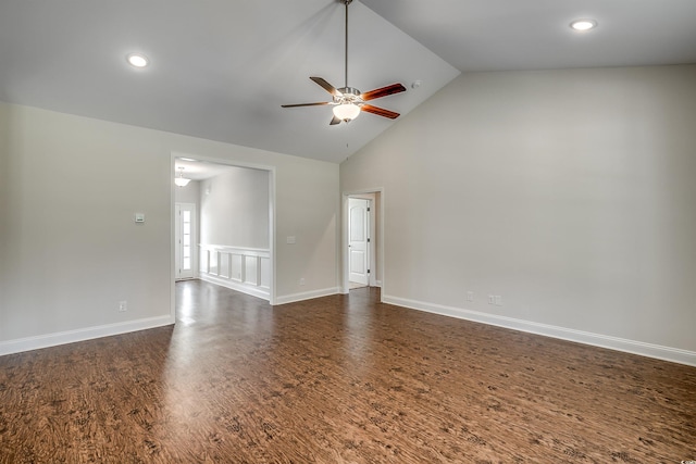 unfurnished living room featuring ceiling fan and high vaulted ceiling