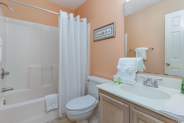 full bathroom with tile patterned floors, vanity, toilet, and shower / bathtub combination with curtain