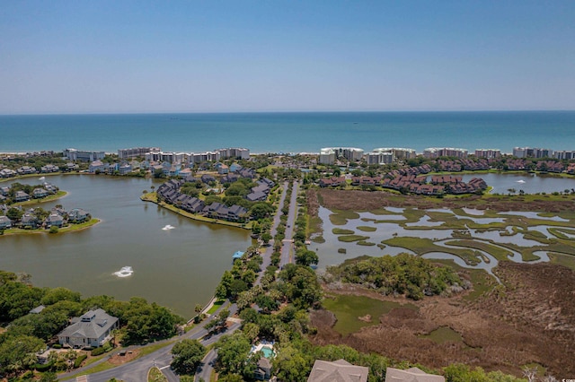 drone / aerial view with a water view