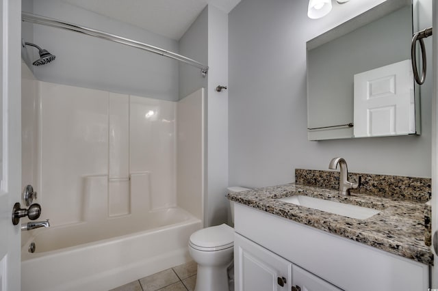 full bathroom featuring tile patterned flooring, a textured ceiling, toilet, vanity, and shower / bathtub combination