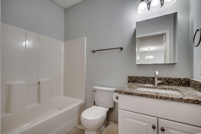 full bathroom featuring vanity, bathtub / shower combination, tile patterned flooring, toilet, and a chandelier