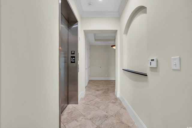 corridor with elevator and ornamental molding