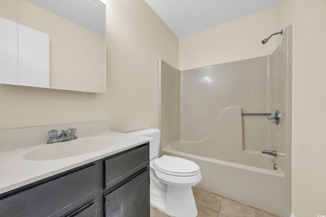 full bathroom featuring shower / bath combination, vanity, a textured ceiling, tile patterned flooring, and toilet