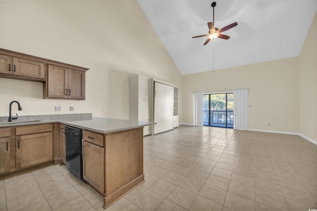 kitchen featuring kitchen peninsula, ceiling fan, sink, high vaulted ceiling, and black dishwasher