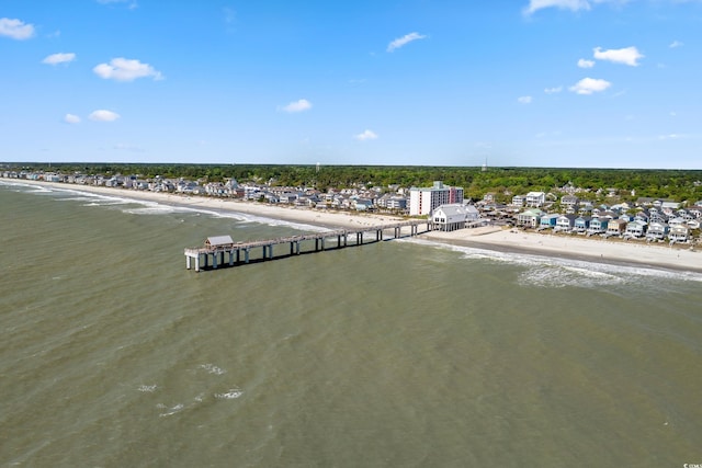 drone / aerial view featuring a water view and a view of the beach