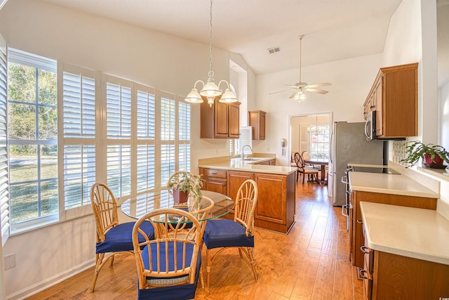 kitchen with light hardwood / wood-style flooring, vaulted ceiling, and a wealth of natural light