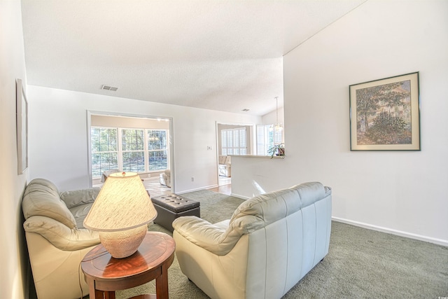 carpeted living room featuring a textured ceiling and vaulted ceiling