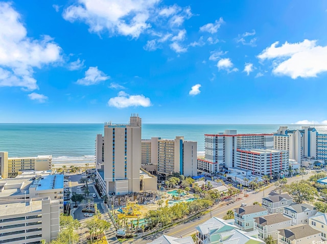 aerial view featuring a view of city and a water view