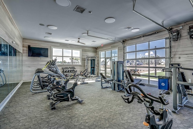 workout area with ceiling fan