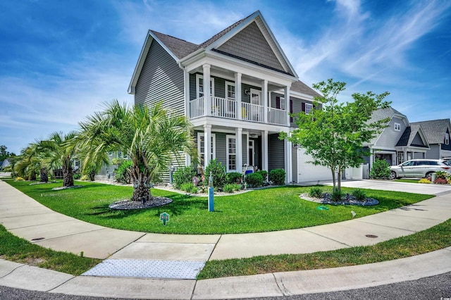 view of front of property featuring a balcony, a front yard, and a garage