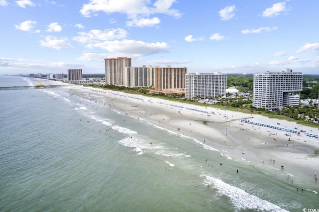 aerial view with a water view and a view of the beach