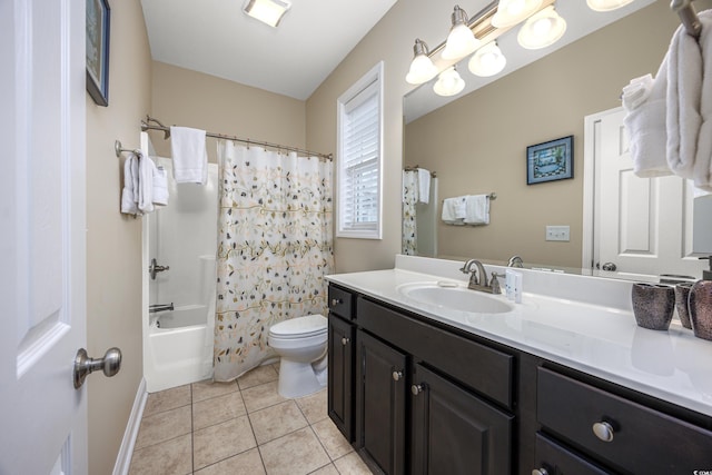 full bathroom with tile patterned flooring, vanity, shower / tub combo, and toilet