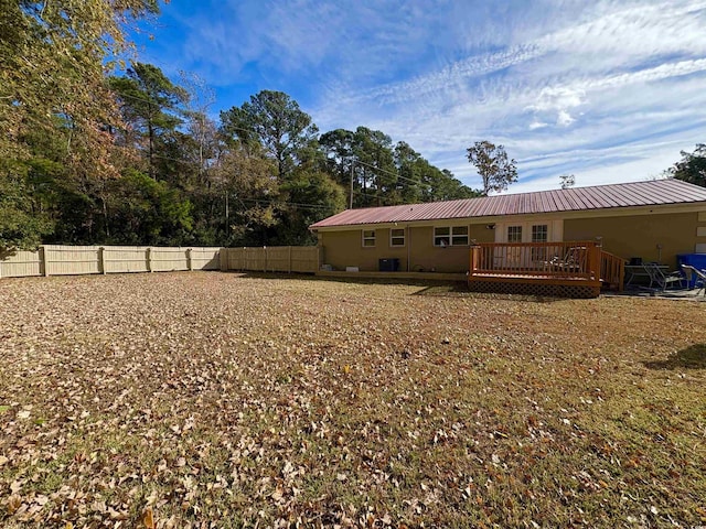 100 Dorman Cir, Myrtle Beach, SC 29577 - back of property featuring metal roof, a fenced backyard, a wooden deck, and stucco siding