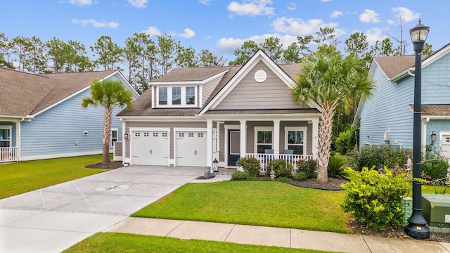 view of front of home with a garage, covered porch, and a front yard