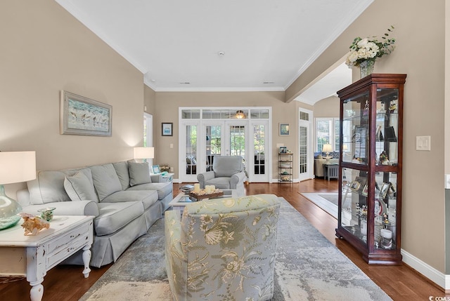 living room with french doors, crown molding, and dark wood-type flooring